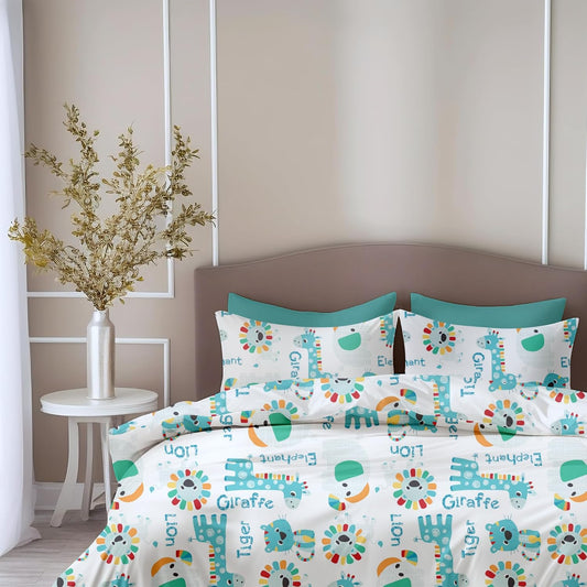 Aqua & Rainbow Animal Parade Soft & Breathable 100% Cotton Flat King Bedsheet, 144 TC