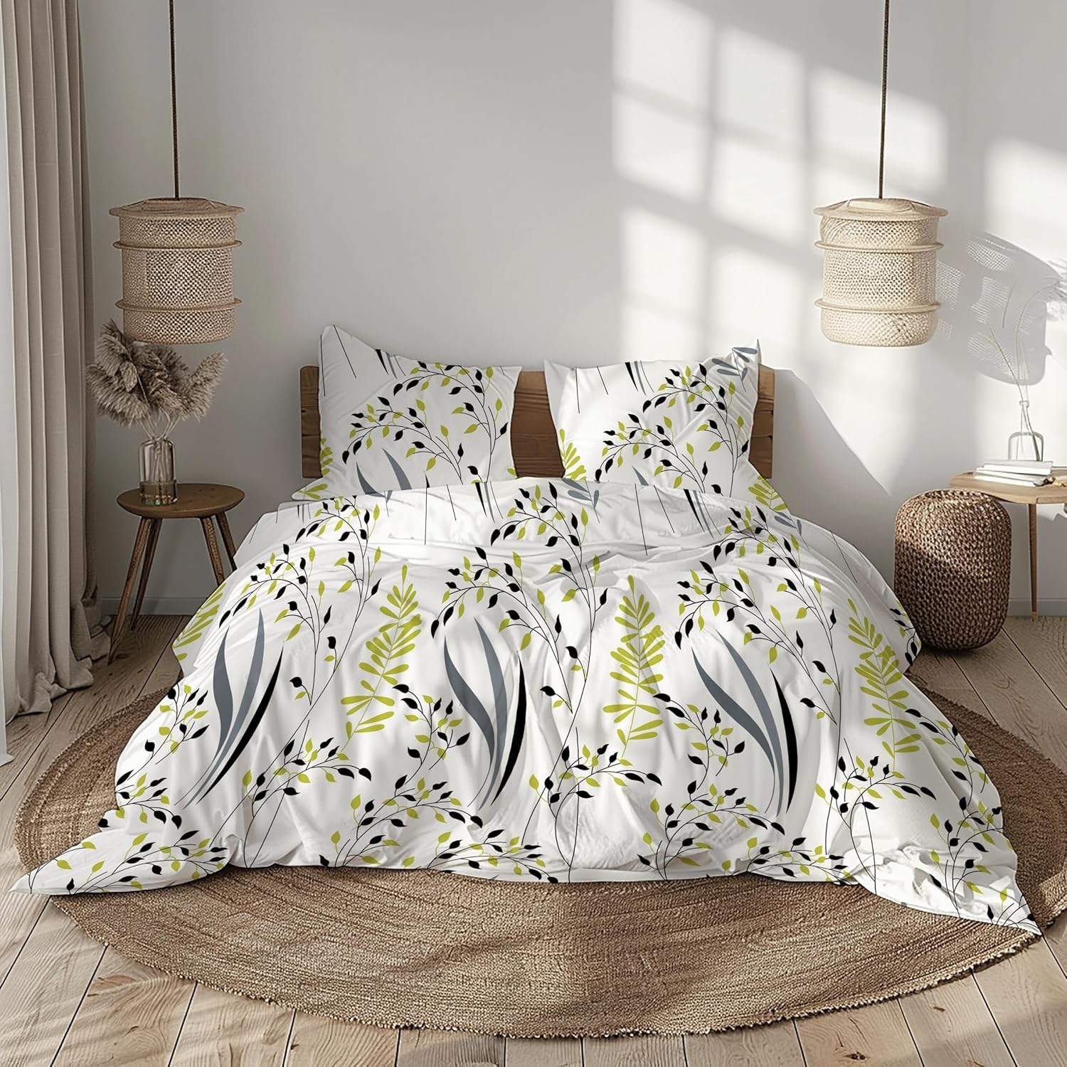 Olive & Charcoal Leaf 186 TC Cotton Fitted Bedsheet for King Size Bed with 2 Pillow Covers - Deep Pocket Elastic, 78 x 72 Inches
