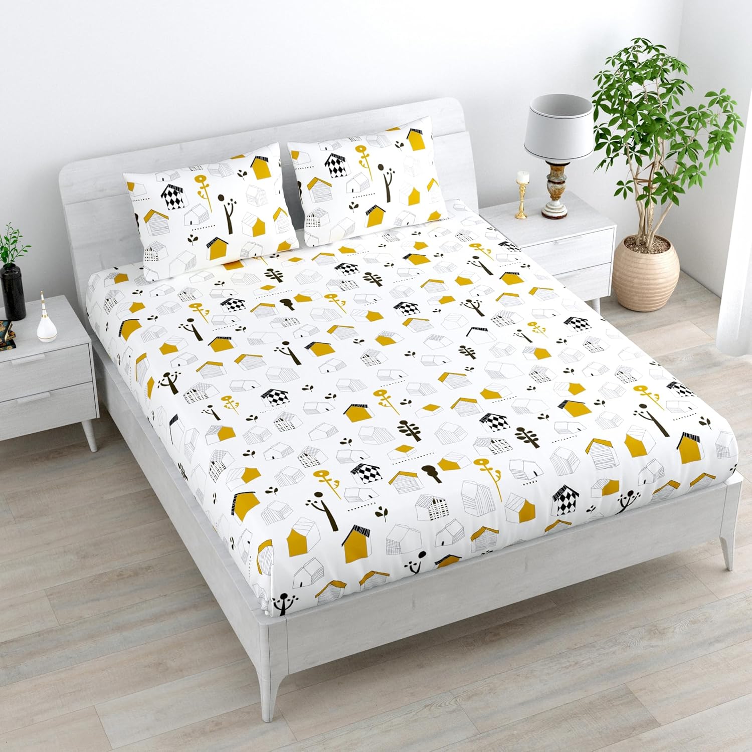 Soft White Kids House Pattern 100% Cotton Flat Double Bedsheet, 144 TC