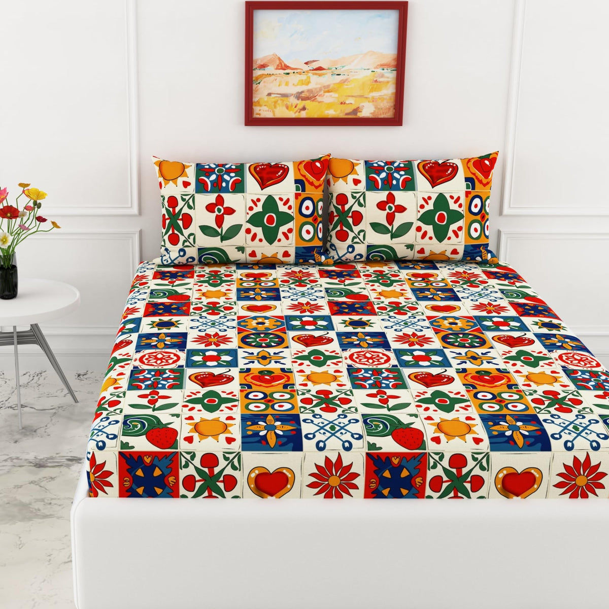 Loreto Cherry Red & Cobalt Blue King Fitted Bedsheet | 144 TC | 100% Cotton | Fits 72 x 72 Inches | 8 Inch Pocket - main product image