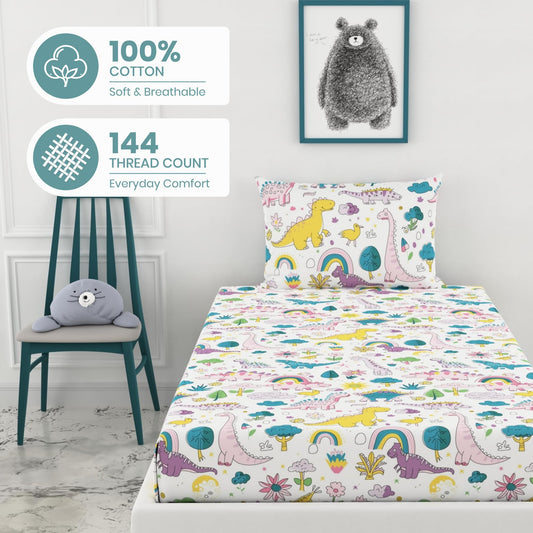 Rainbow Dino Fun 144 TC 100% Cotton Elastic Fitted Single Bedsheet with 1 Pillow Cover - 78 x 36 Inches