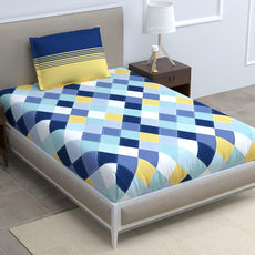 Vivid Blue and Yellow Checkered 100% Cotton Flat Single Bedsheet, 144 TC