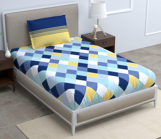 Vivid Blue and Yellow Checkered 100% Cotton Flat Single Bedsheet, 144 TC