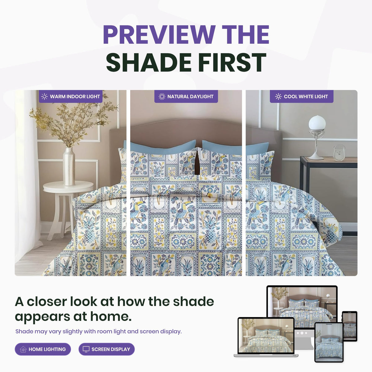 Royal Parrot Flora Print Blue 100% Cotton Double Bedsheet with 2 Pillow Covers, 144 TC, 88 x 90 Inches