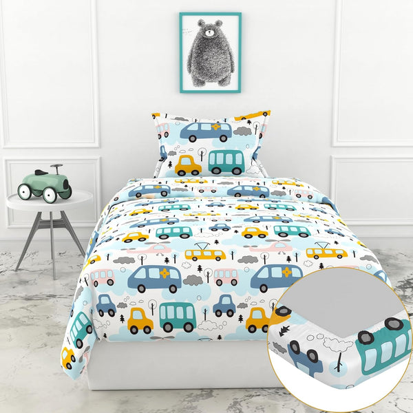 Loreto Cotton Single Fitted Bedsheet | Bubblegum Blue Bus & Banana Yellow Cars