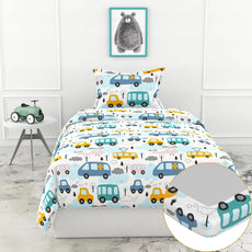 Loreto Cotton Single Fitted Bedsheet | Bubblegum Blue Bus & Banana Yellow Cars