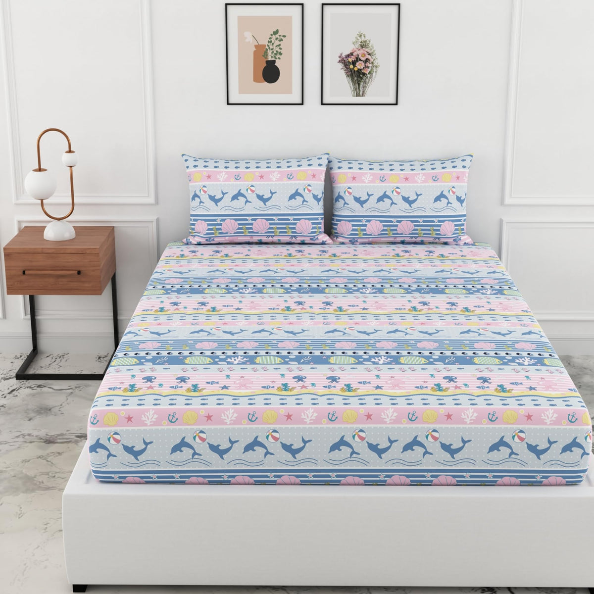 Loreto Pastel Blue Pink Sea Stripes Double Fitted Bedsheet | 186 TC | 100% Cotton | Fits 78 x 60 Inches | 8 Inch Pocket - main product image