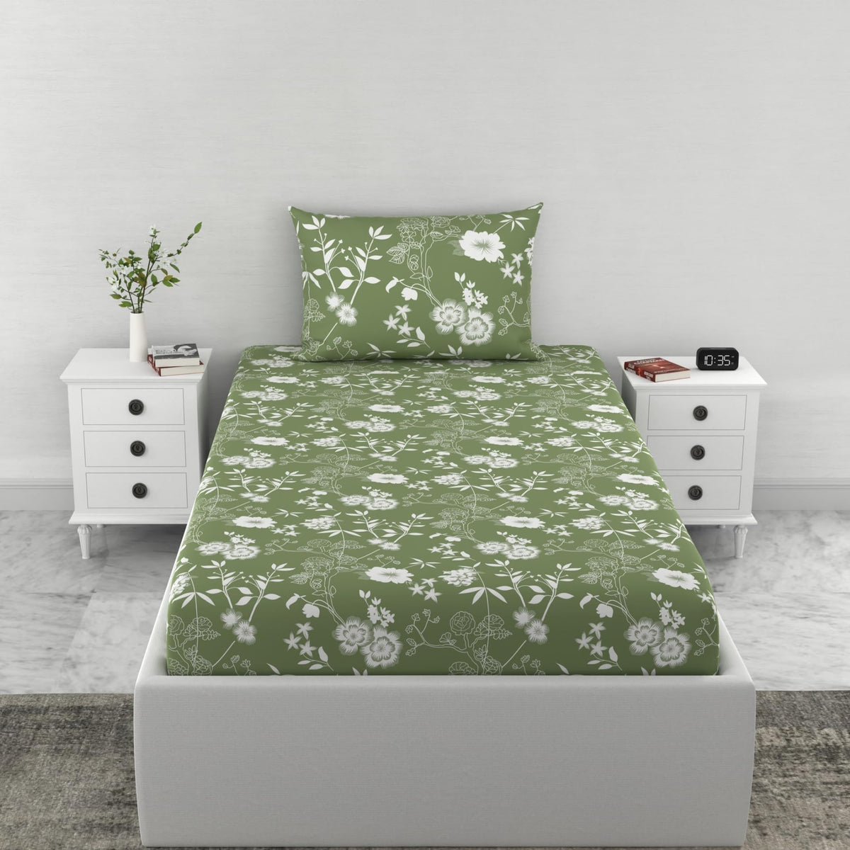 Loreto Cotton Single Fitted Bedsheet | Green Floral Whisper 144 TC