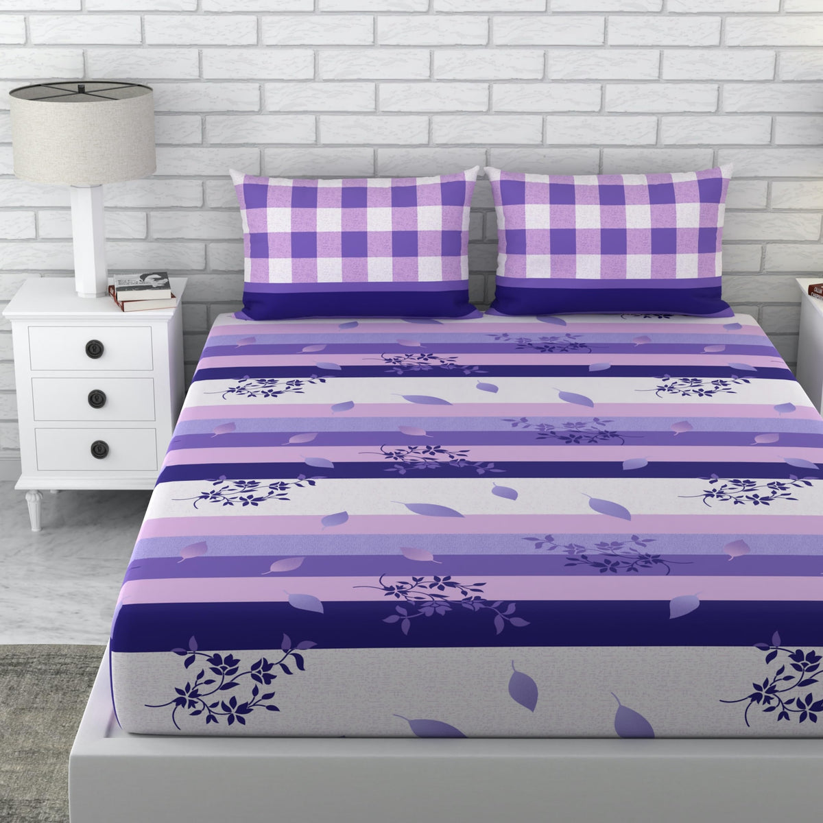 Loreto Botanical Stripe (Purple) Double Bedsheet | 144 TC | 100% Cotton | 90 x 88 Inches - main product image