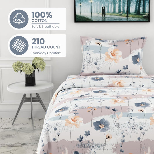 Blue & Peach Single Bedsheet - 210 TC 100% Cotton with 1 Pillow Cover (58 x 88 Inches)