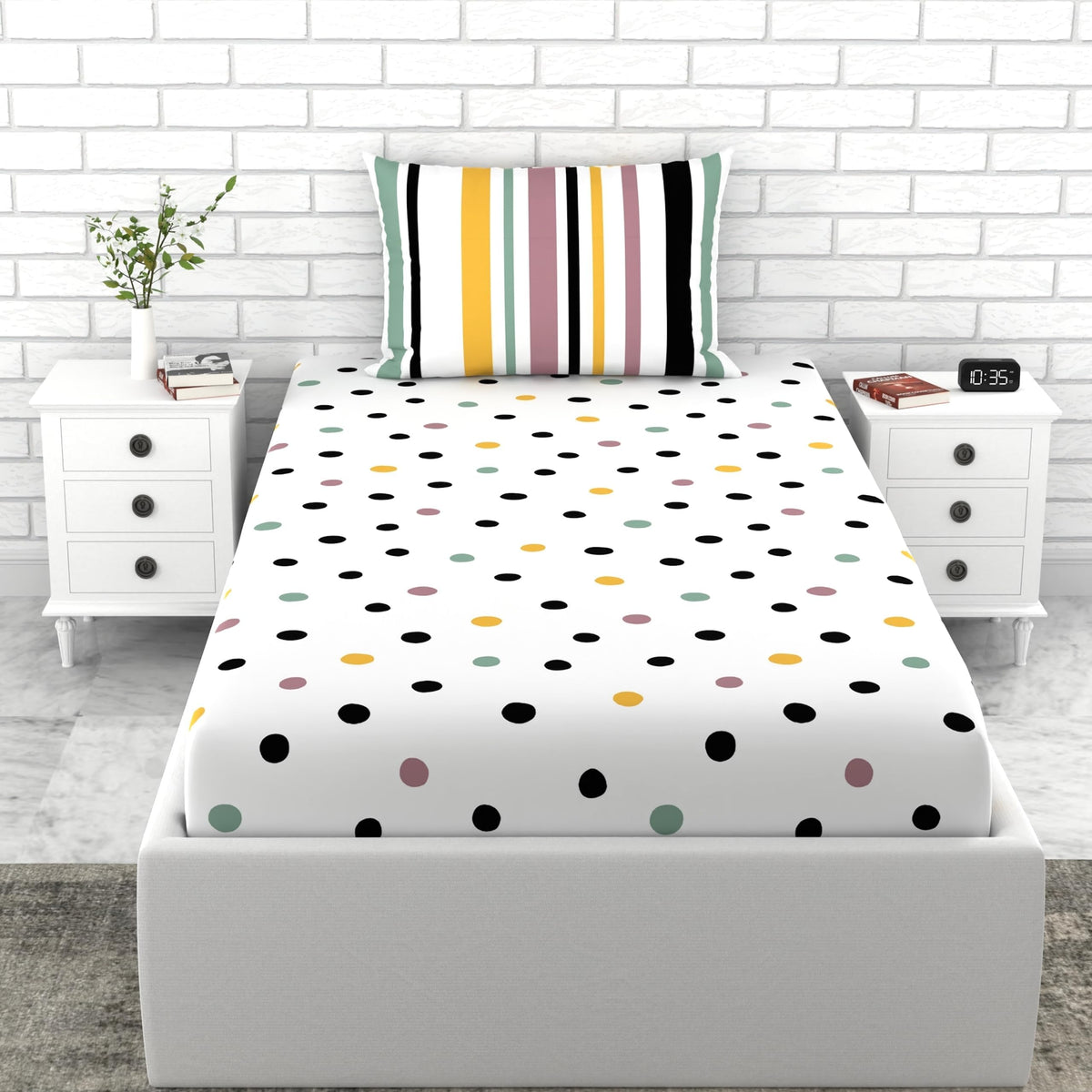 Loreto Polka Summer Dream Single Bedsheet | 144 TC | 100% Cotton | 54 x 84 Inches - main product image