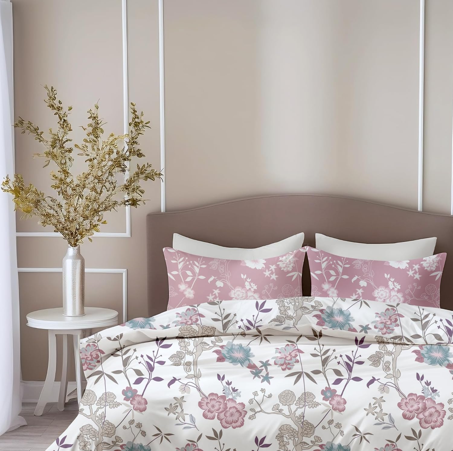 Blush Pink & Teal Blooms Soft & Breathable 100% Cotton Flat Double Bedsheet, 144 TC