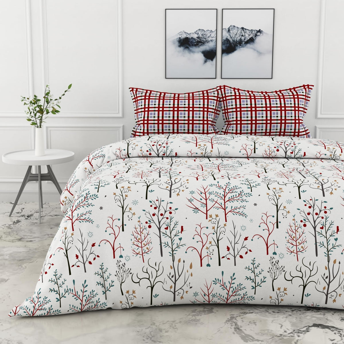 Loreto Cotton Double Bedsheet | Red and Teal with Plaid Accent