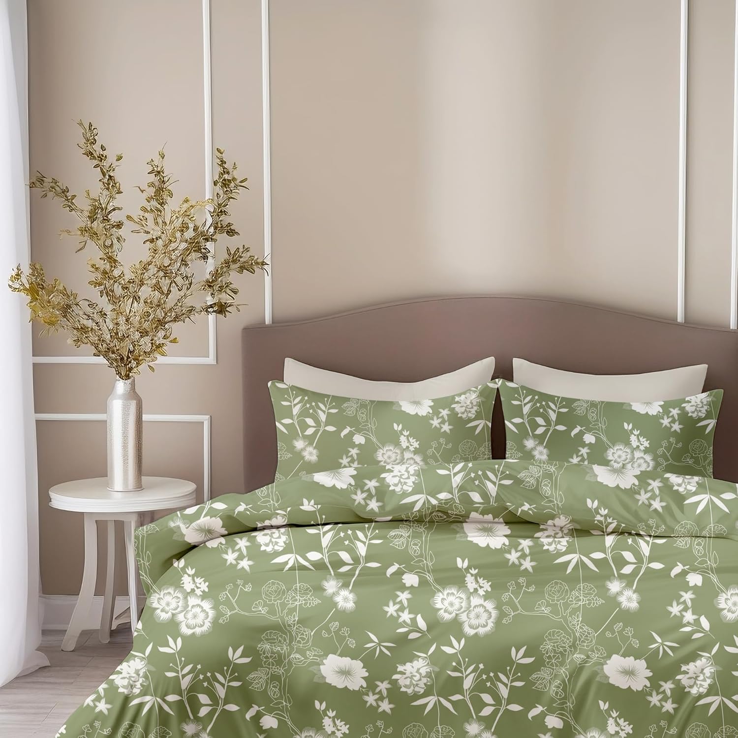 Olive Green Floral Whisper Soft & Breathable 100% Cotton Flat Double Bedsheet, 144 TC