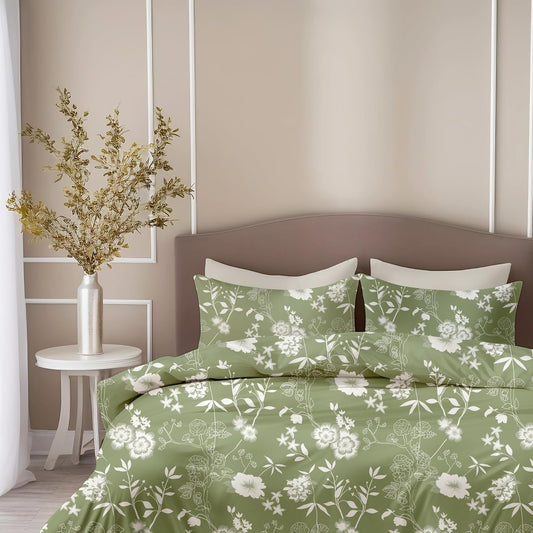 ऑलिव ग्रीन फ्लोरल व्हिस्पर सॉफ्ट और हवादार 100% कॉटन फ्लैट डबल बेडशीट, 144 TC
