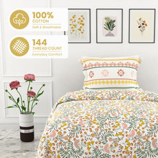 Green and Yellow Botanical Harmony 100% Cotton Flat Single Bedsheet, 144 TC