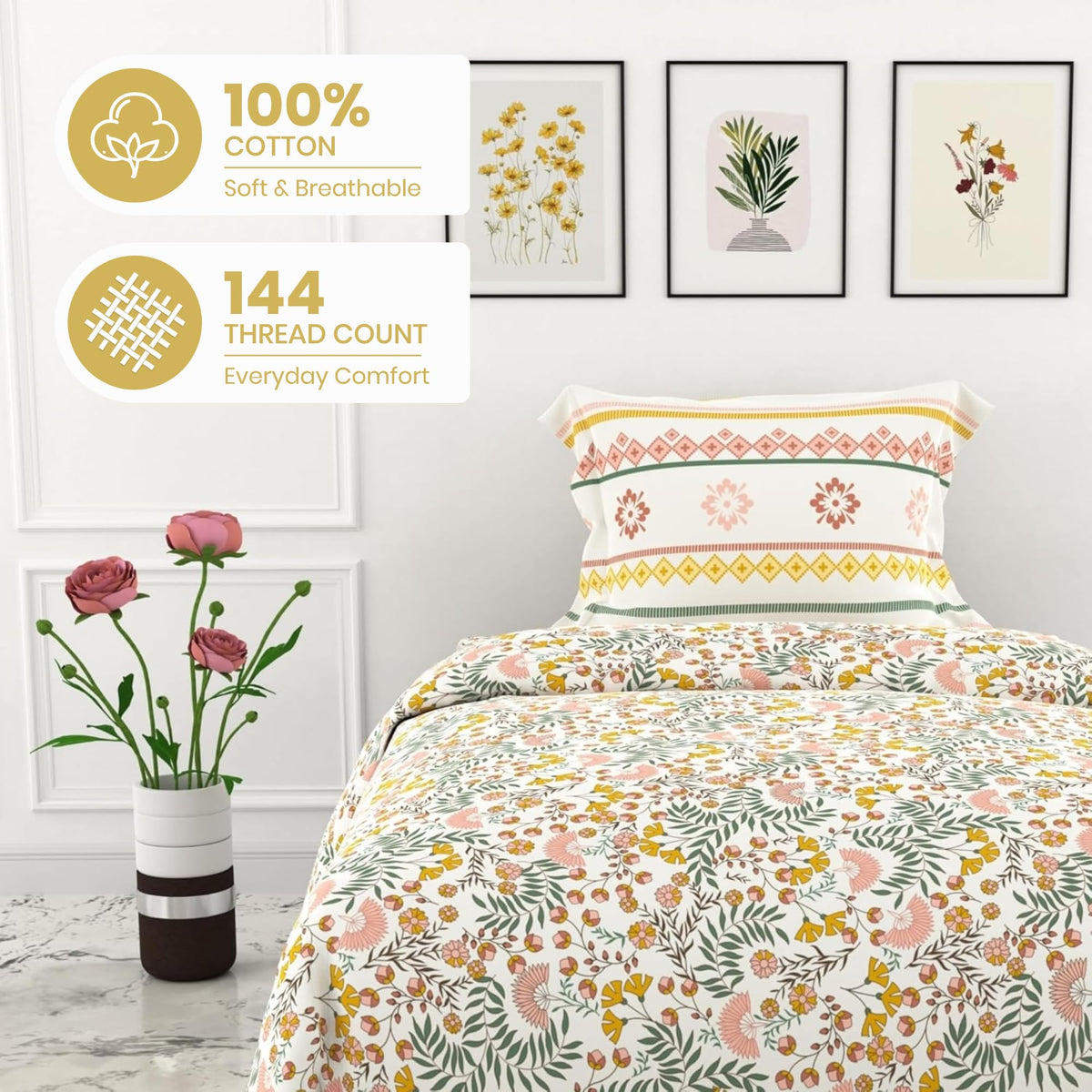 Green and Yellow Botanical Harmony 100% Cotton Flat Single Bedsheet, 144 TC