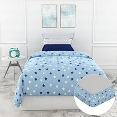 Nile Blue Stars 144 TC 100% Cotton Elastic Fitted Single Bedsheet with 1 Pillow Cover - 78 x 36 Inches