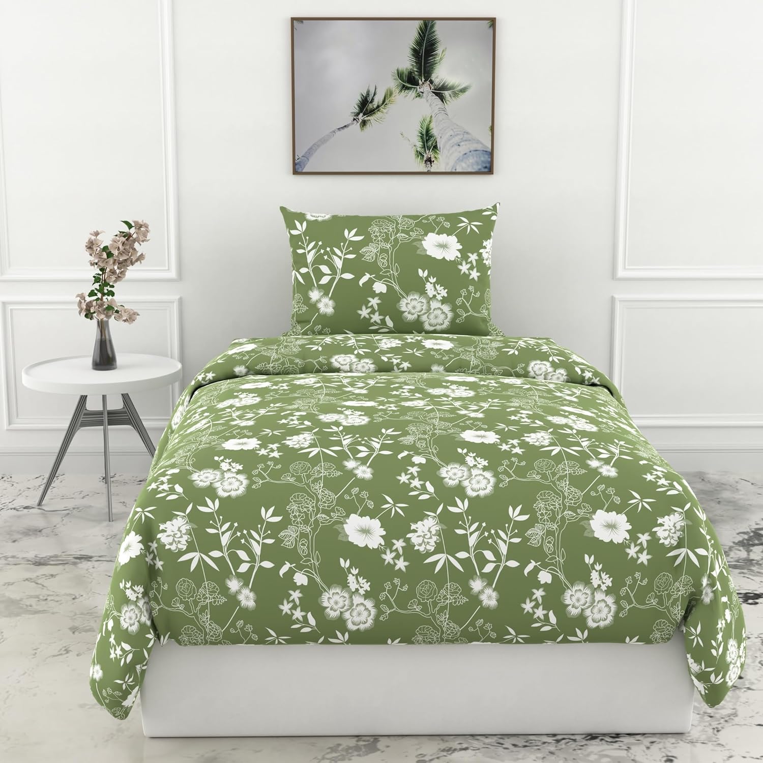 Loreto Cotton Single Bedsheet | Olive Green Floral Whisper Soft & Breathable