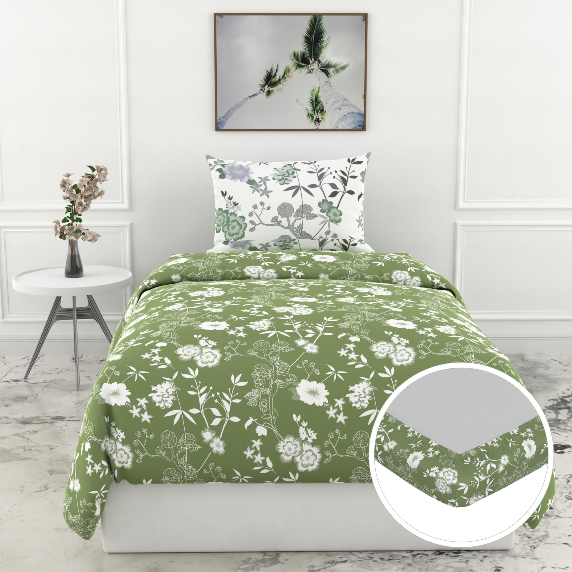 Green Floral Elegance 144 TC 100% Cotton Elastic Fitted Single Bedsheet with 1 Pillow Cover - 78 x 36 Inches