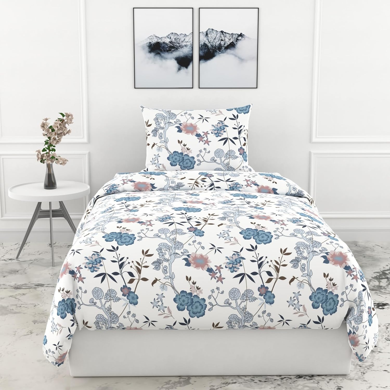 Loreto Cotton Single Bedsheet | Blush & Blue Meadow Bloom Soft & Breathable