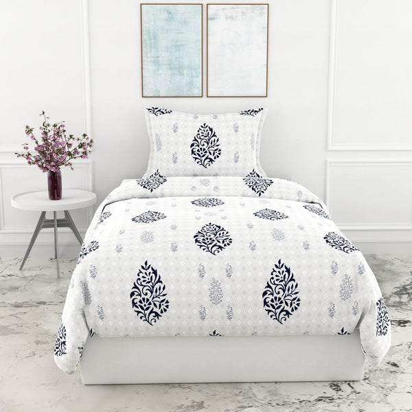 Loreto Cotton Single Flat Bedsheet | Blue Floral Motif 100% Pure Cotton for Bed | 186 TC Soft & Breathable Sheet with | 58 x 88 Inches