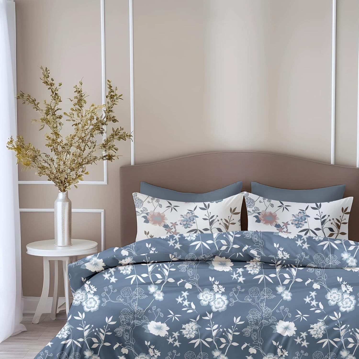 Blush Blue Floral Vines Soft & Breathable 100% Cotton Flat King Bedsheet, 144 TC