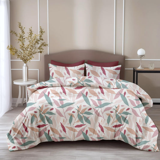 Pink Leaf Double Bedsheet - 210 TC 100% Cotton with 2 Pillow Covers (90 x 90 Inches)