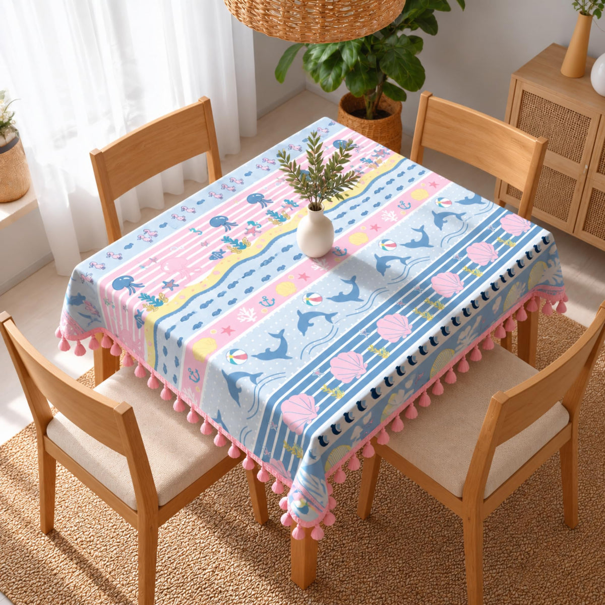 Loreto Pastel Blue Sea Life Cotton Dining Table Cover | 48 x 48 Inches - main product image