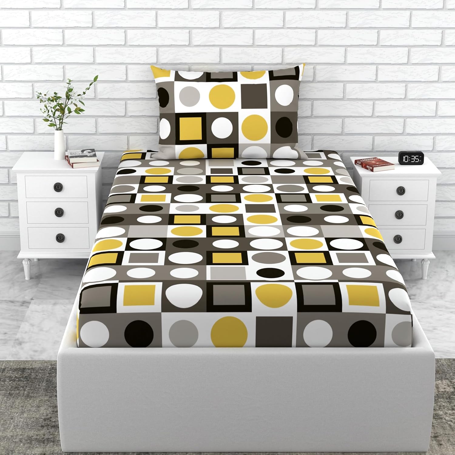 Loreto Cotton Single Bedsheet | Forged Iron Grey and Lemon Zest Yellow