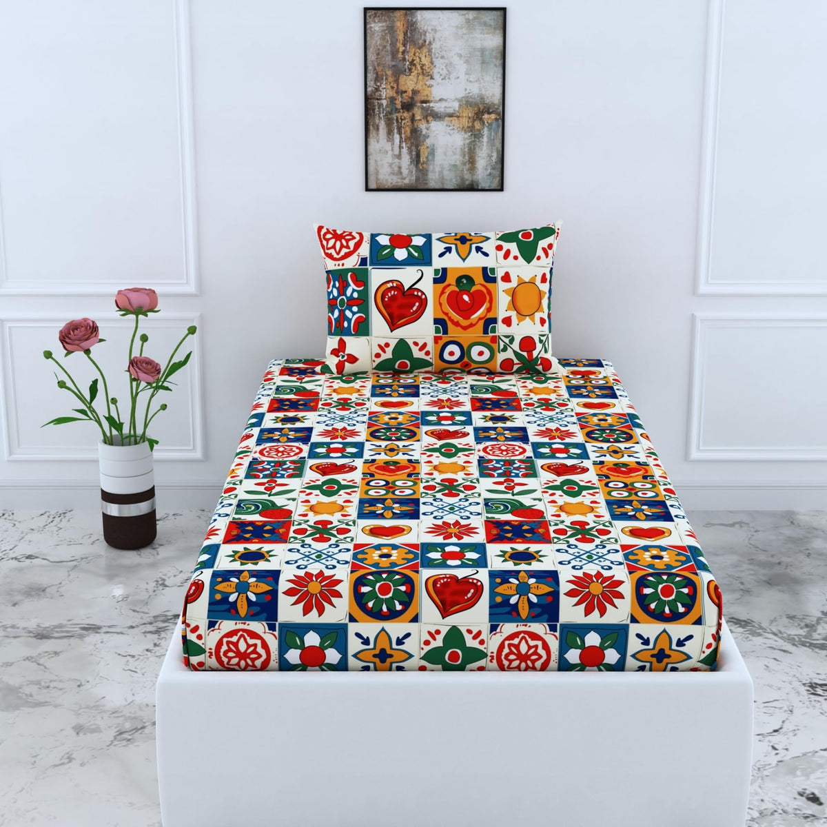 Loreto Cherry Red & Cobalt Blue Single Fitted Bedsheet | 144 TC | 100% Cotton | Fits 72 x 36 Inches | 8 Inch Pocket - main product image