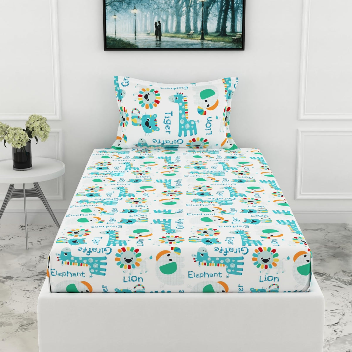 Loreto Aqua & Rainbow Animal Parade Single Fitted Bedsheet | 144 TC | 100% Cotton | Fits 72 x 36 Inches | 8 Inch Pocket - main product image