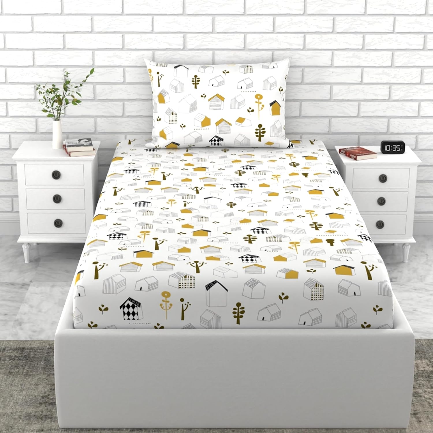 Loreto Cotton Single Bedsheet | Kids House Drawing Design