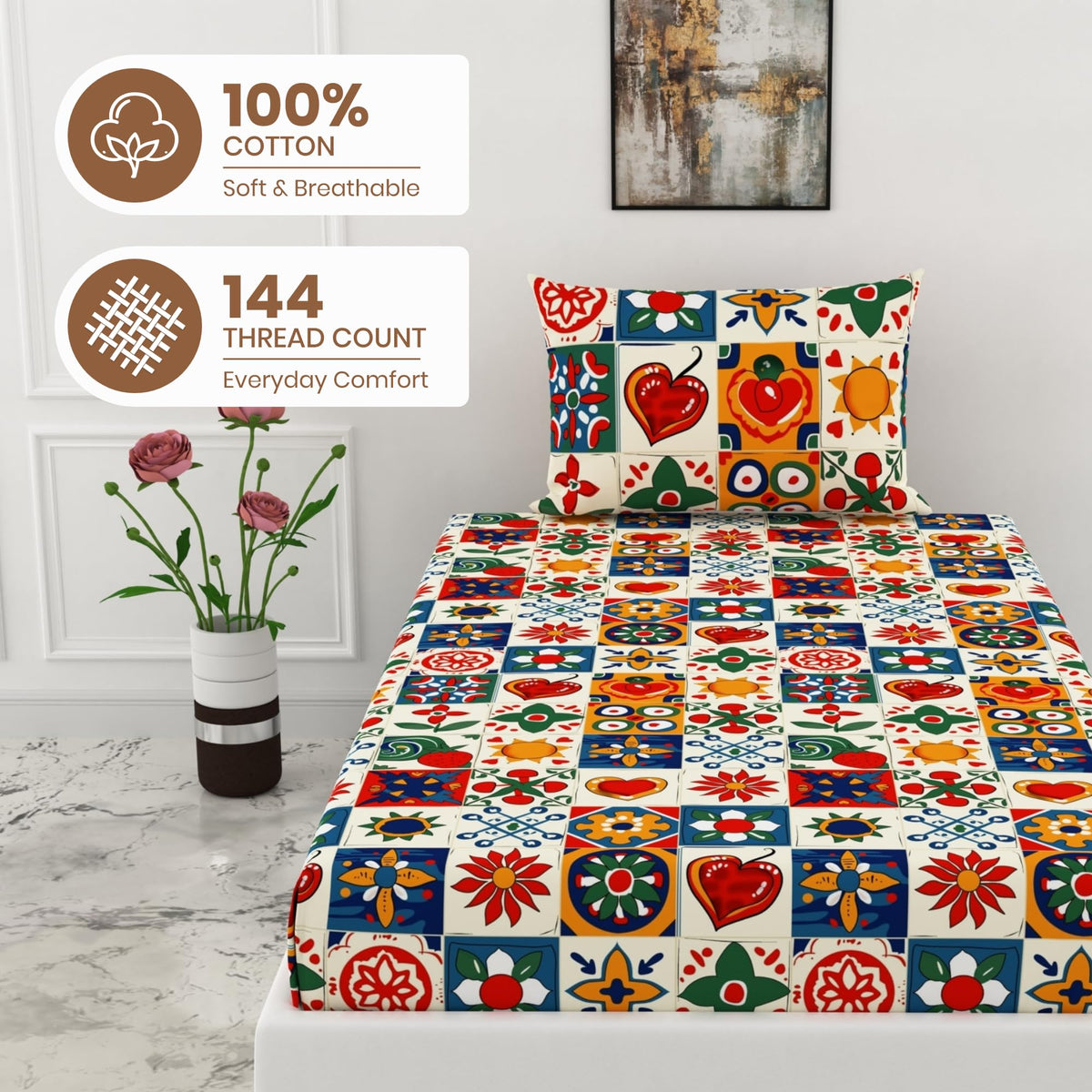 Red & Cobalt Blue 144 TC 100% Cotton Elastic Fitted Single Bedsheet with 1 Pillow Cover - 78 x 36 Inches