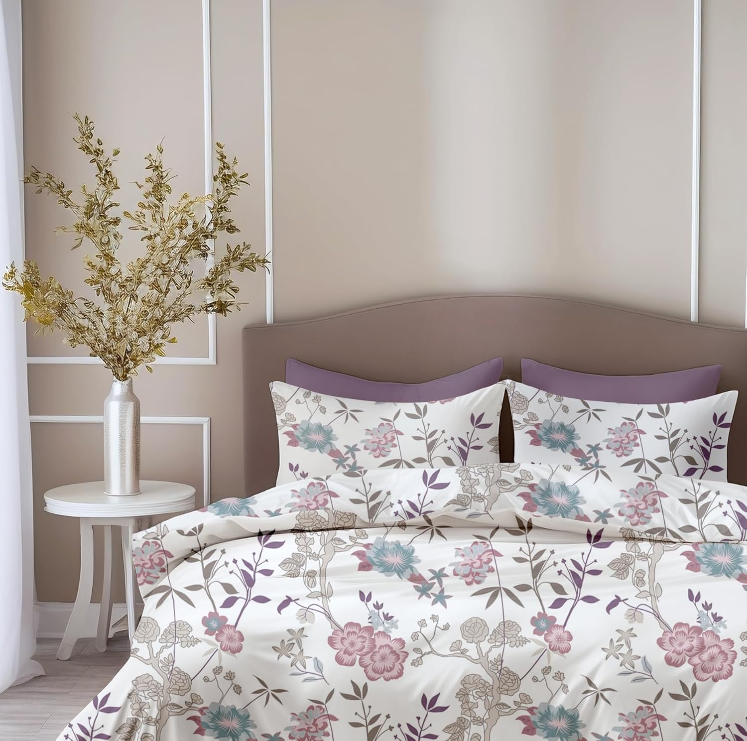 Blush Pink & Teal Floral Vines Soft & Breathable 100% Cotton Flat Double Bedsheet, 144 TC