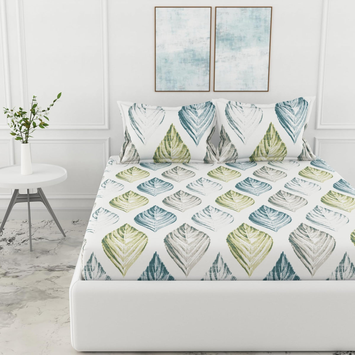 Loreto Teal Blue & Green Double Fitted Bedsheet | 186 TC | 100% Cotton | Fits 78 x 60 Inches | 8 Inch Pocket - main product image