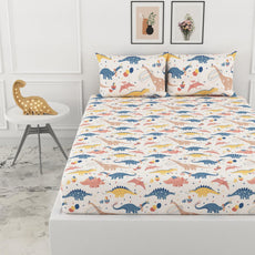 Coral Blue Dino Party 100% Cotton King Size Elastic Fitted Bedsheet with 2 Pillow Covers, 144 TC, 78 x 72 Inches