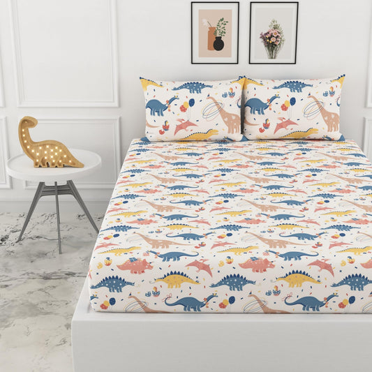 Loreto Cotton King Fitted Bedsheet | Coral Blue Dino Party