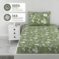 Green Floral Whisper 144 TC 100% Cotton Elastic Fitted Single Bedsheet with 1 Pillow Cover - 78 x 36 Inches