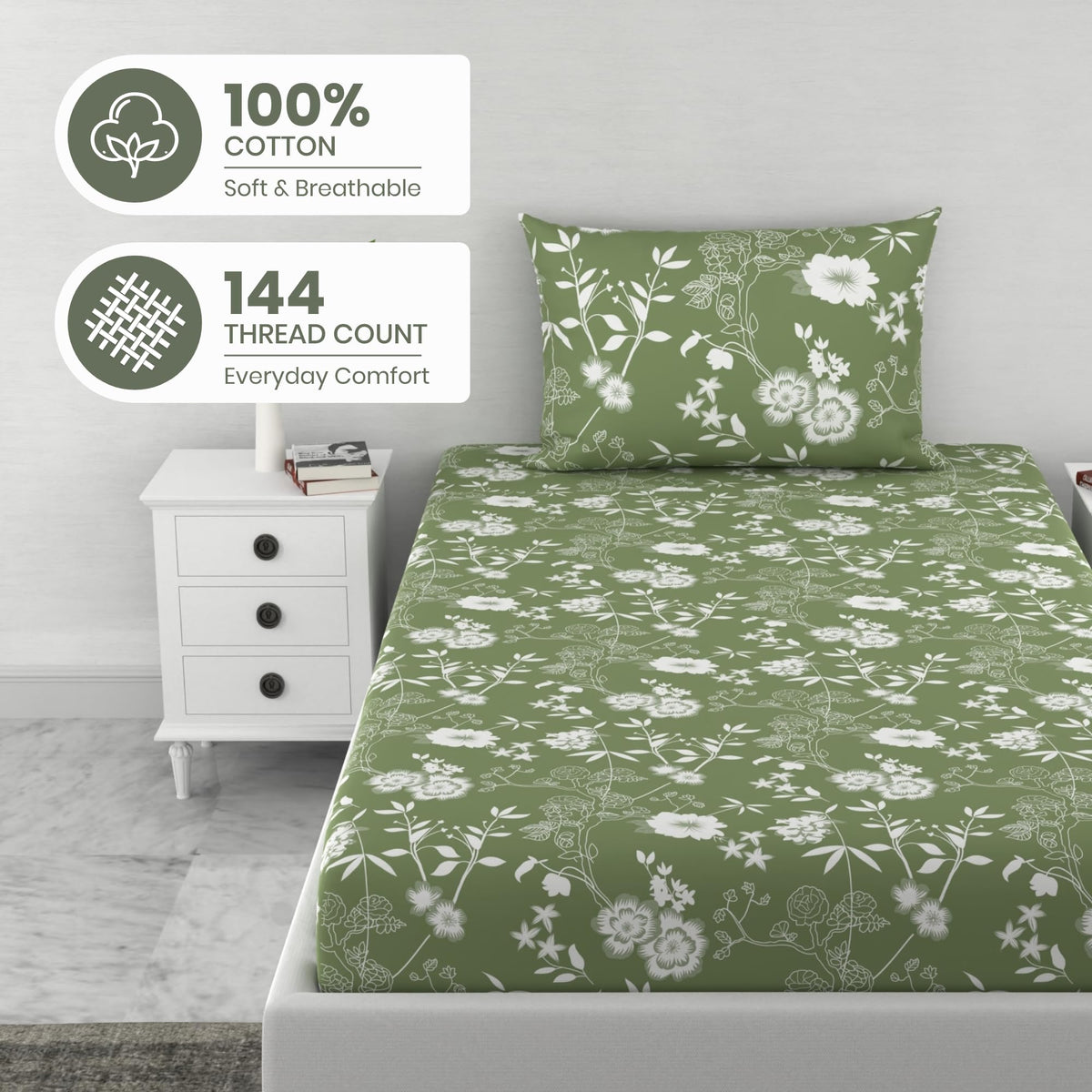 Green Floral Whisper 144 TC 100% Cotton Elastic Fitted Single Bedsheet with 1 Pillow Cover - 78 x 36 Inches
