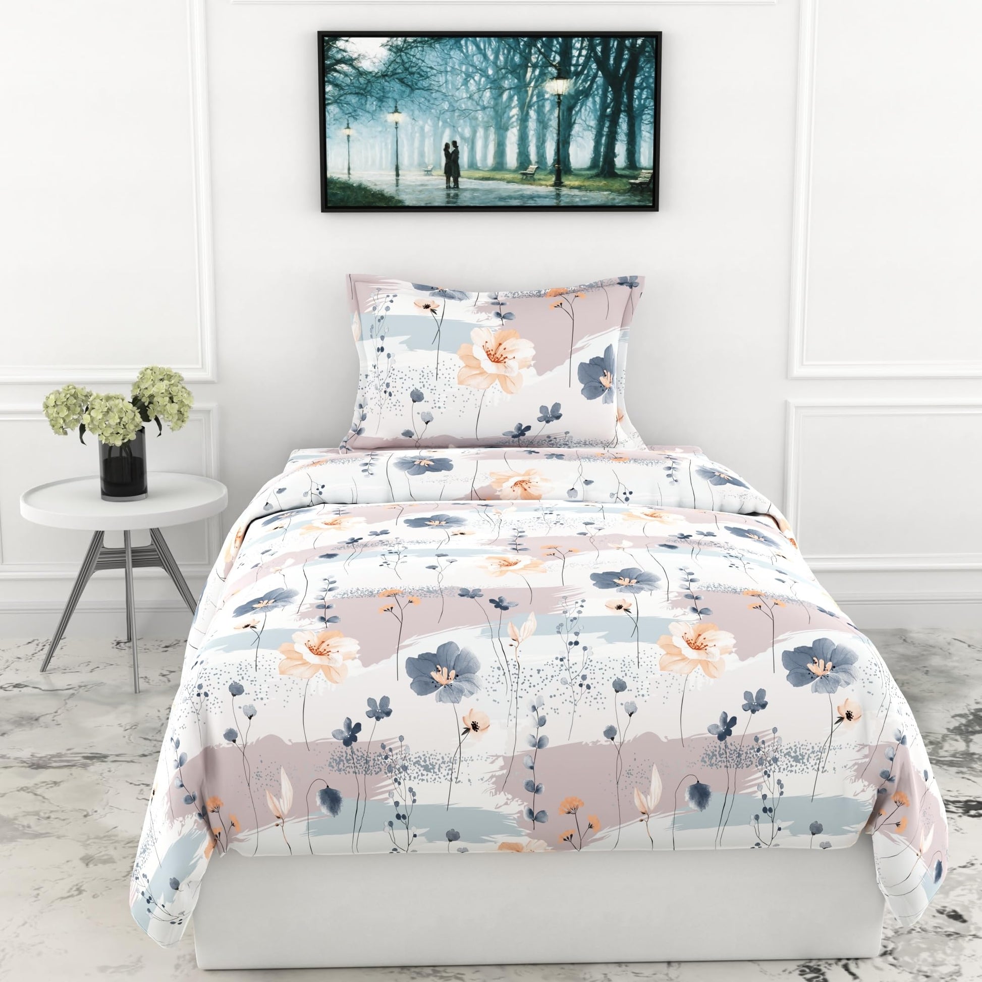 Blue & Peach Single Bedsheet - 210 TC 100% Cotton with 1 Pillow Cover (58 x 88 Inches)