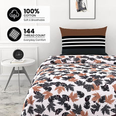 Frosted Charcoal Leaf Pattern 100% Pure Cotton Single Bed Sheet with Pillow Cover | Soft & Breathable | 54 x 84 Inches, 144 TC