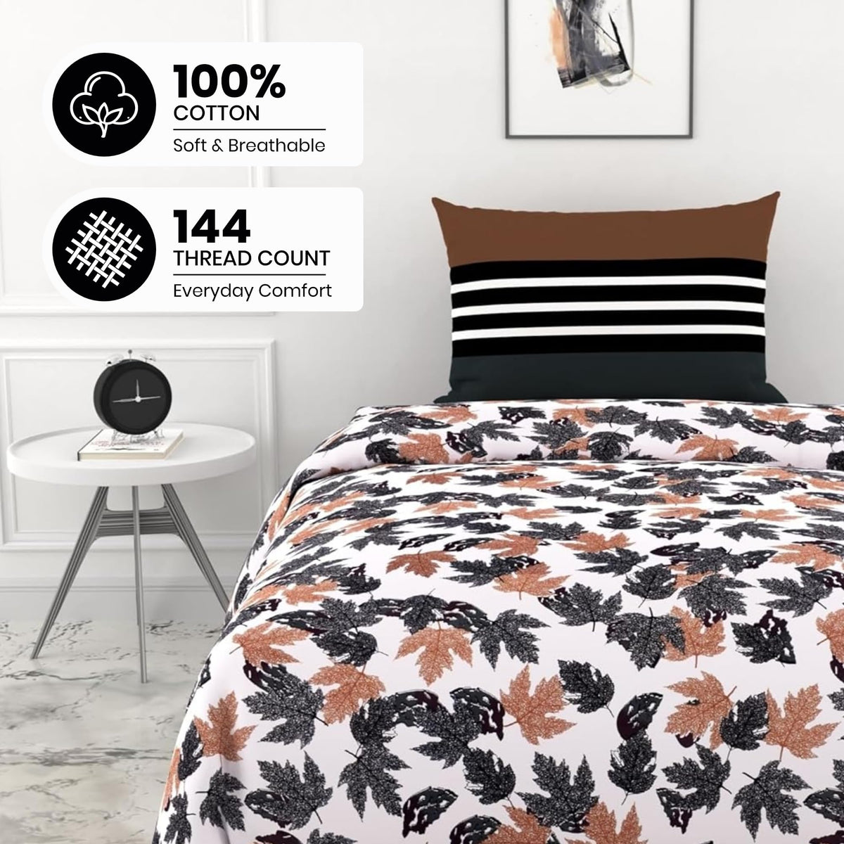 Frosted Charcoal Leaf Pattern 100% Pure Cotton Single Bed Sheet with Pillow Cover | Soft & Breathable | 54 x 84 Inches, 144 TC