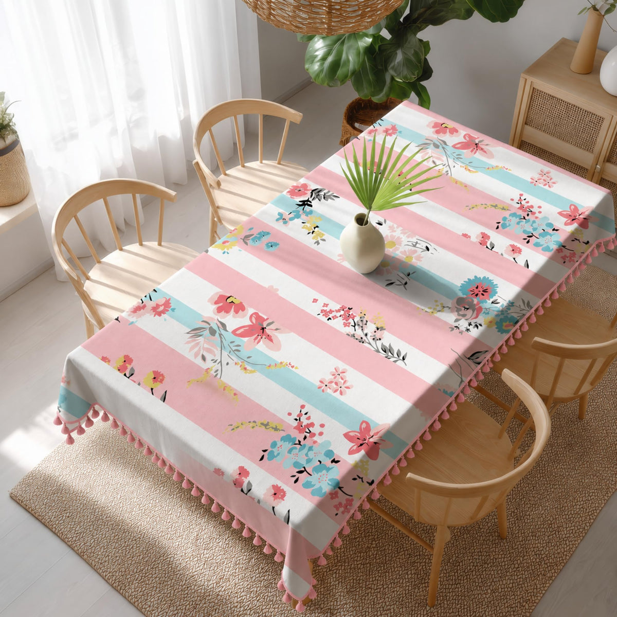 Loreto Blush Pink Floral Stripes Cotton Dining Table Cover | 48 x 72 Inches - main product image