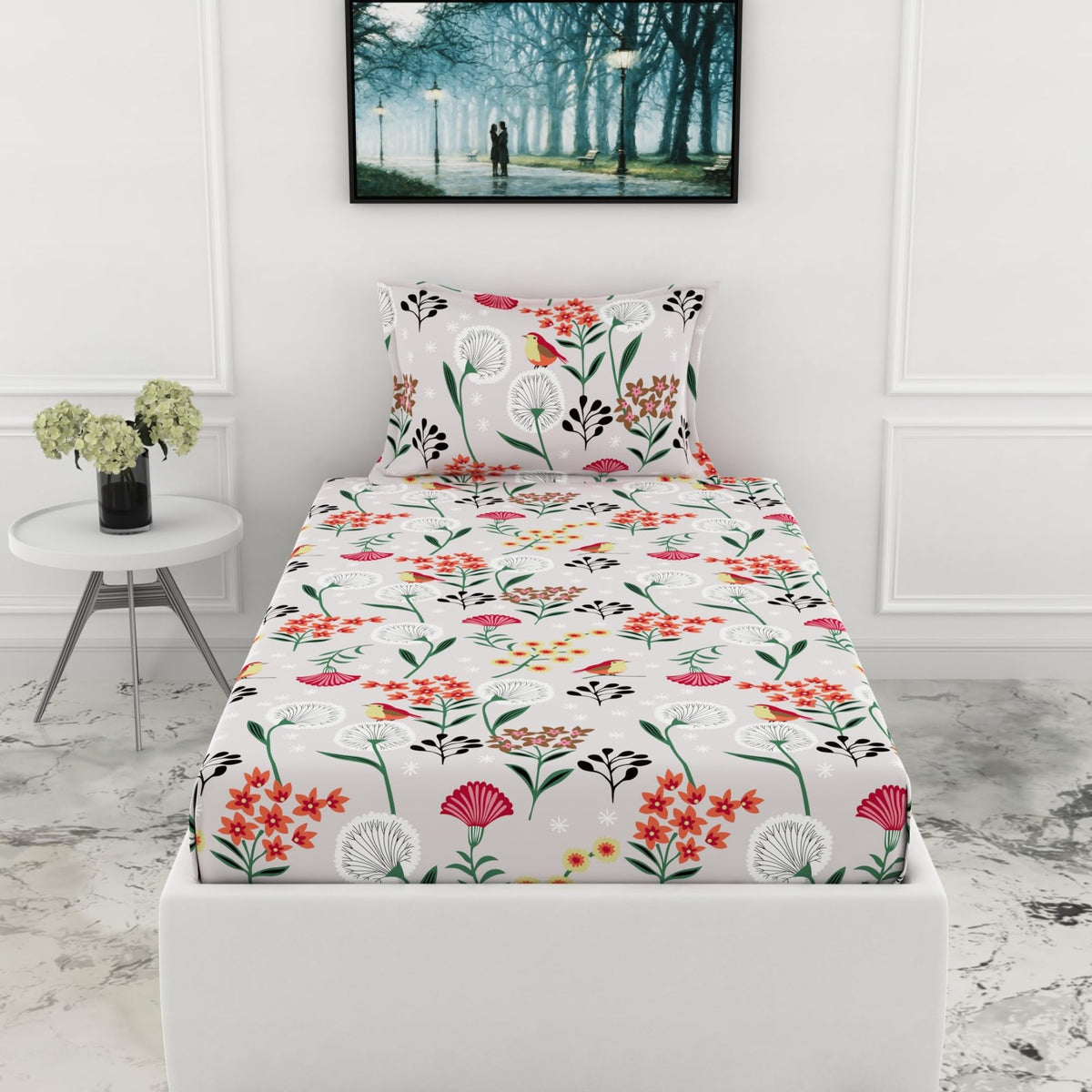Loreto Lavender Grey Spring Harmony Single Fitted Bedsheet | 144 TC | 100% Cotton | Fits 72 x 36 Inches | 8 Inch Pocket - main product image