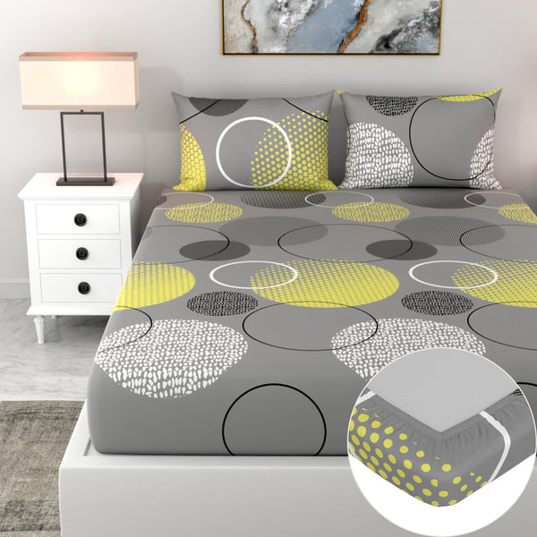 Loreto Cotton Double Fitted Bedsheet | Grey & Yellow Geometric