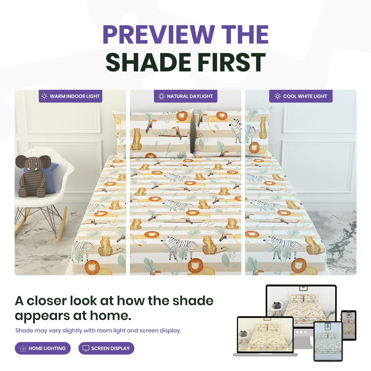 Adventure Jungle Beige & Green 100% Cotton Double Fitted Bedsheet, 144 TC, 78 x 60 Inches