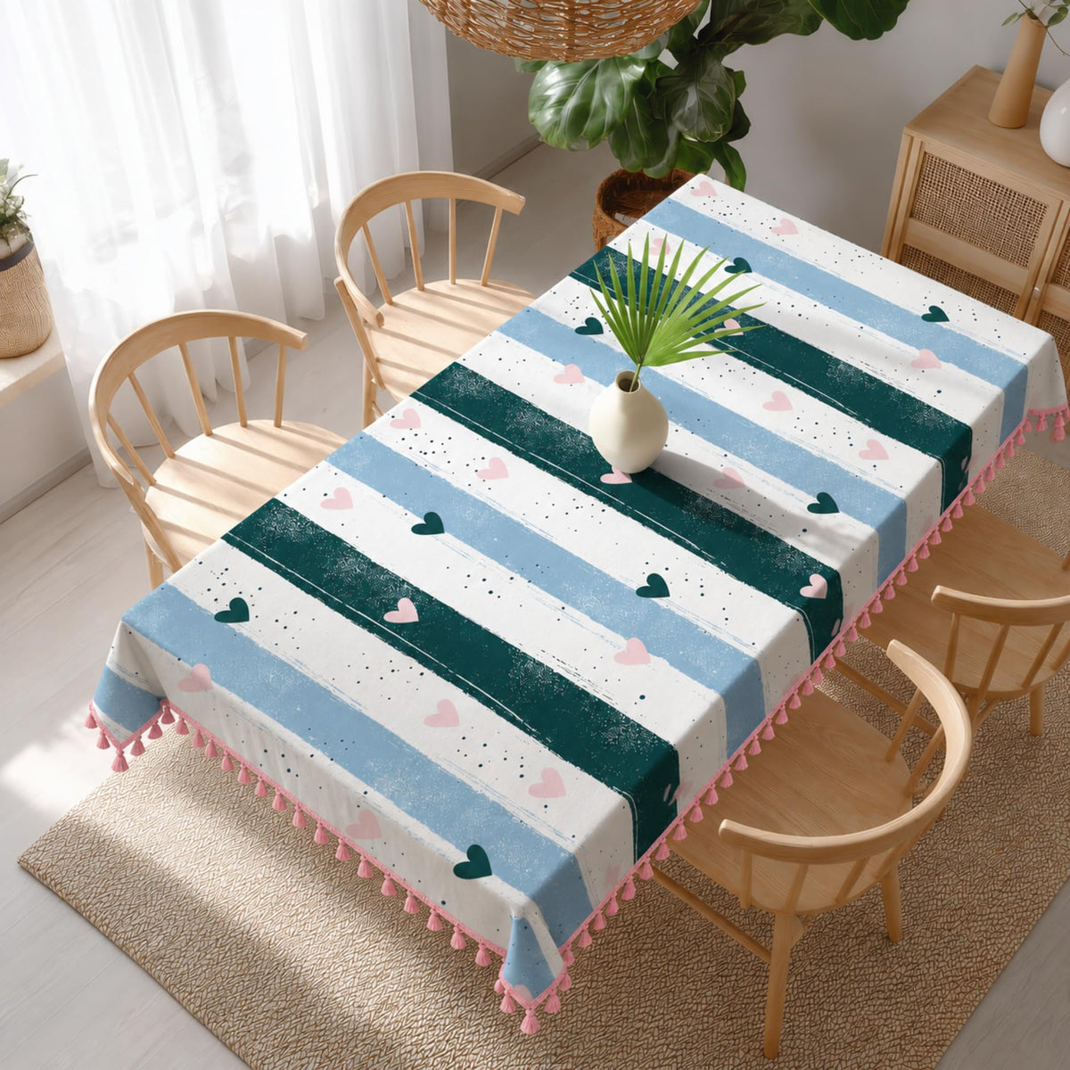 Loreto Teal Pink Heart Stripes Cotton Dining Table Cover | 48 x 60 Inches - main product image