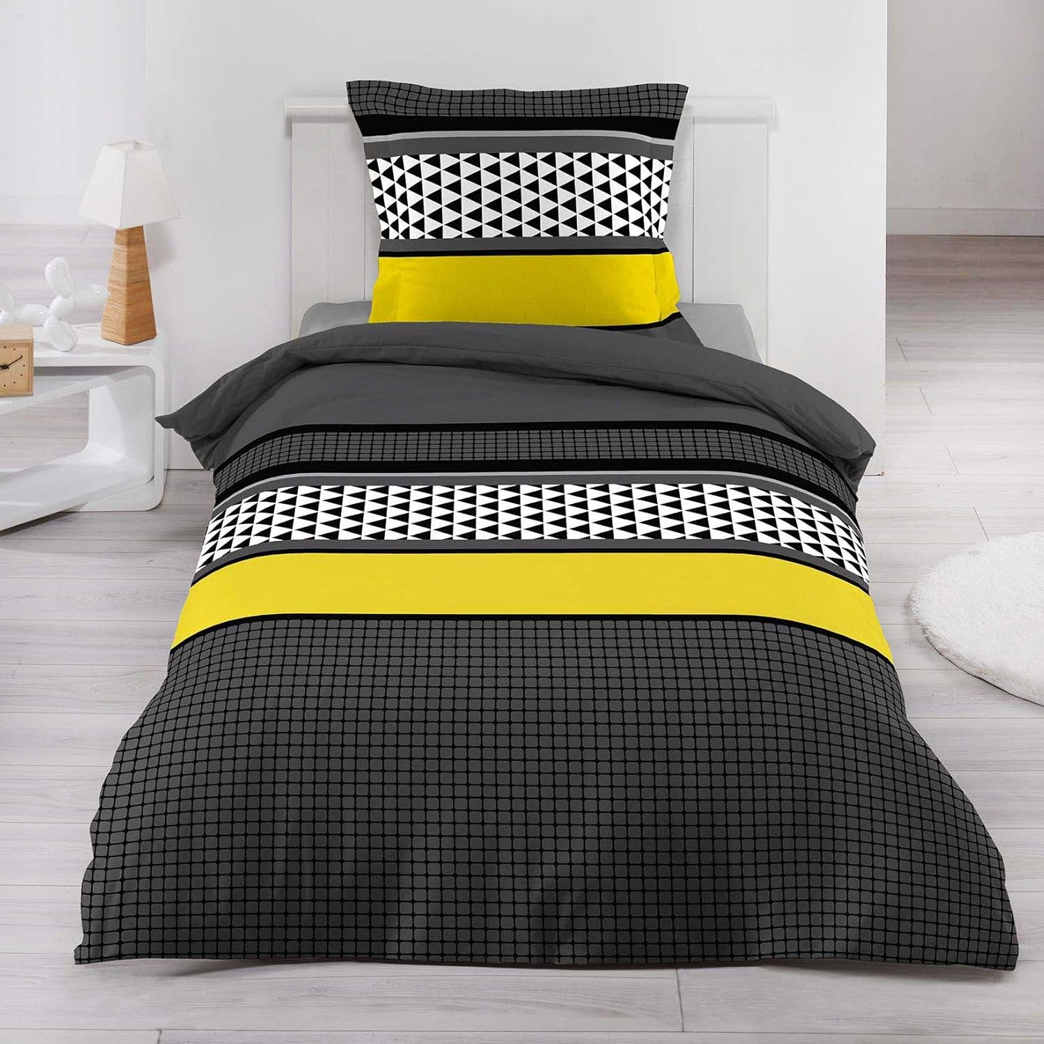 Loreto Cotton Single Bedsheet | Stone Grey and Yellow Striped