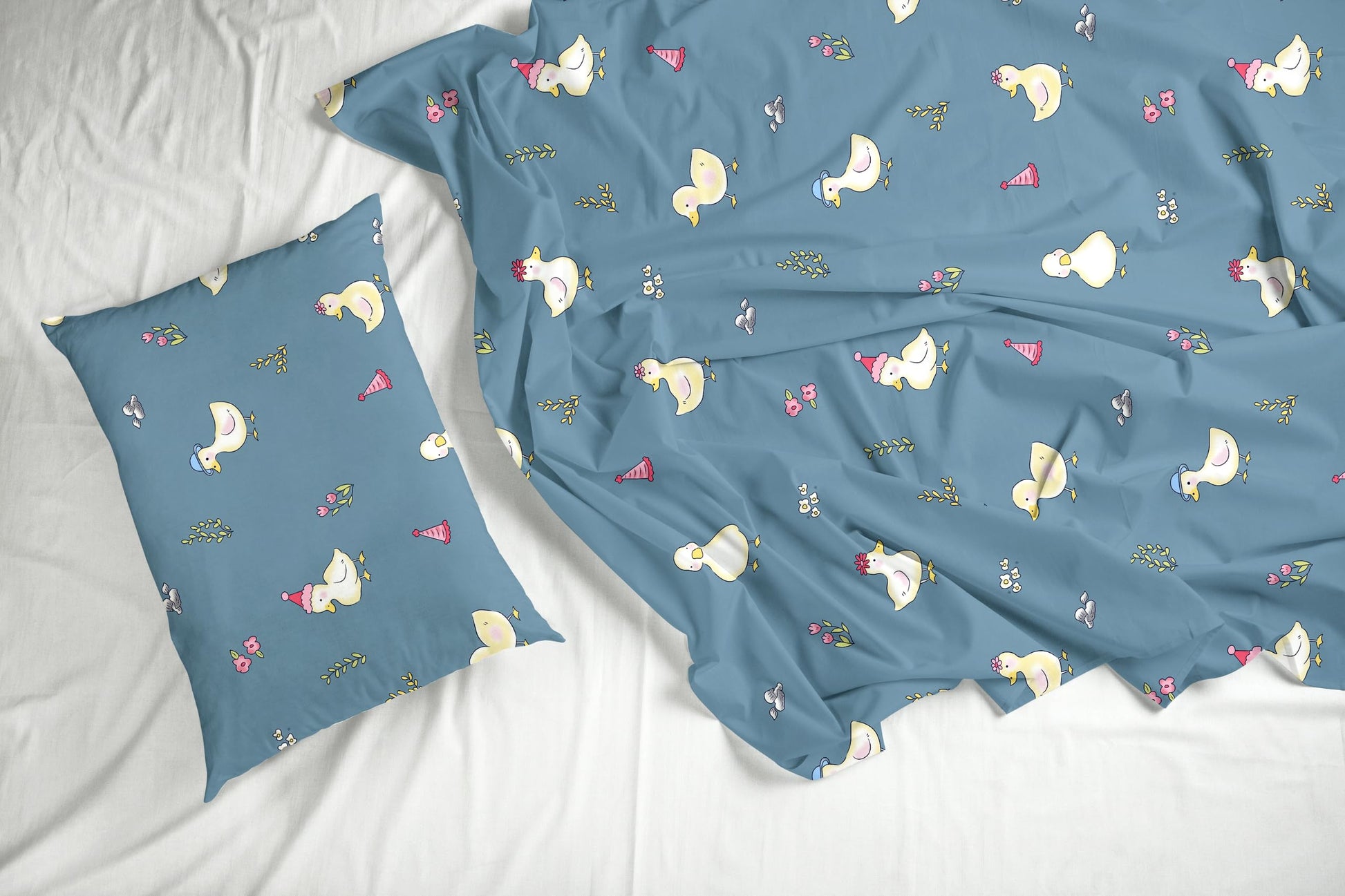 Pastel Blue Duck Party 100% Cotton King Size Bedsheet with 2 Pillow Covers, 144 TC, 104 x 104 Inches